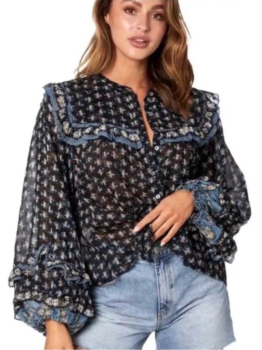 Free People Jenna Printed Blouse Small Floral Ruffle Boho Button Down Balloon